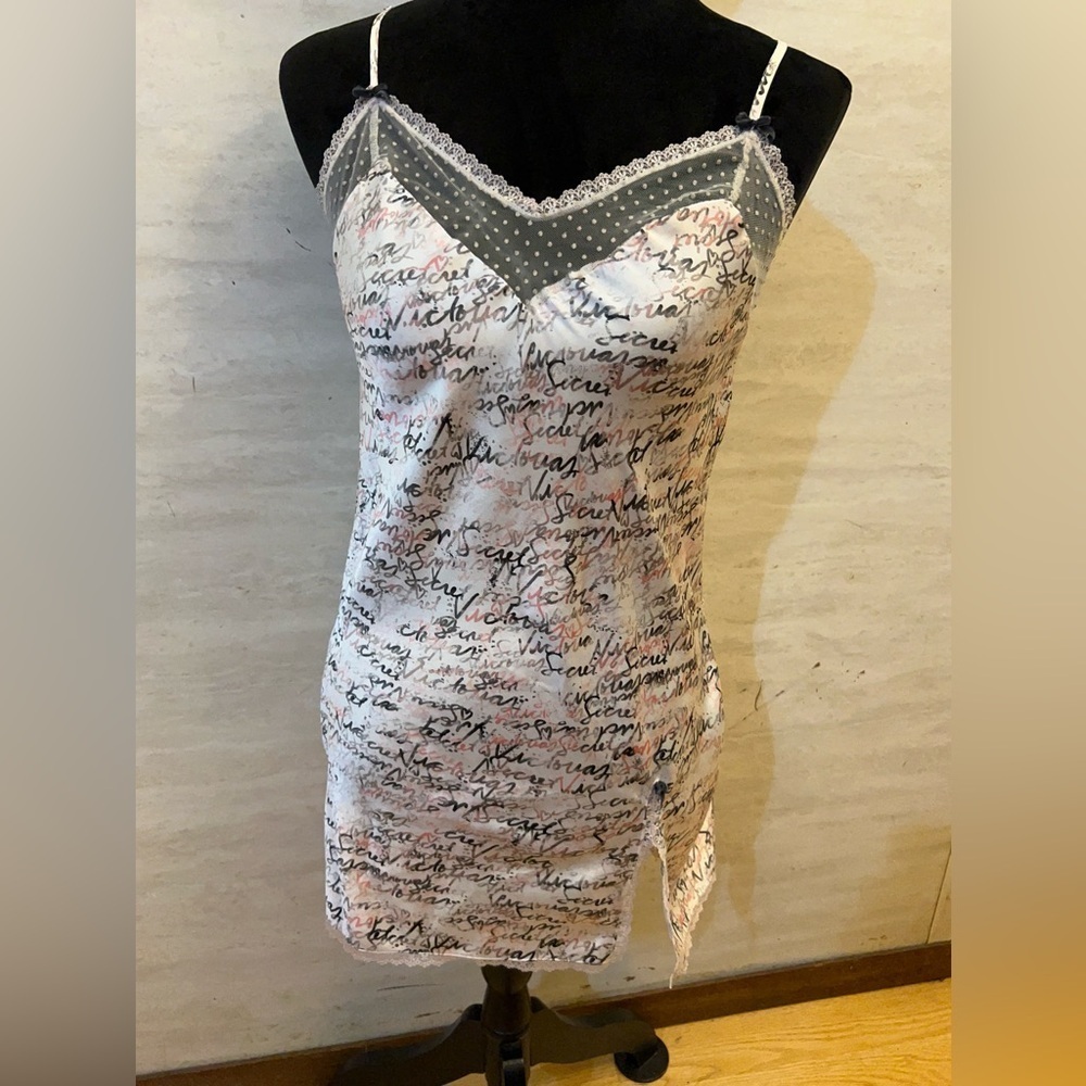 Victoria's Secret logo Baby Doll Slip Dress Script Print Lace Trim